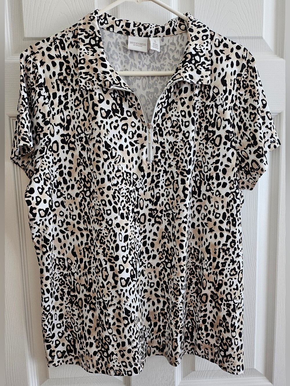 Chico's Weekends 3 Polo Top Animal Print 1/4 Zip Black Brown Activeware Travel